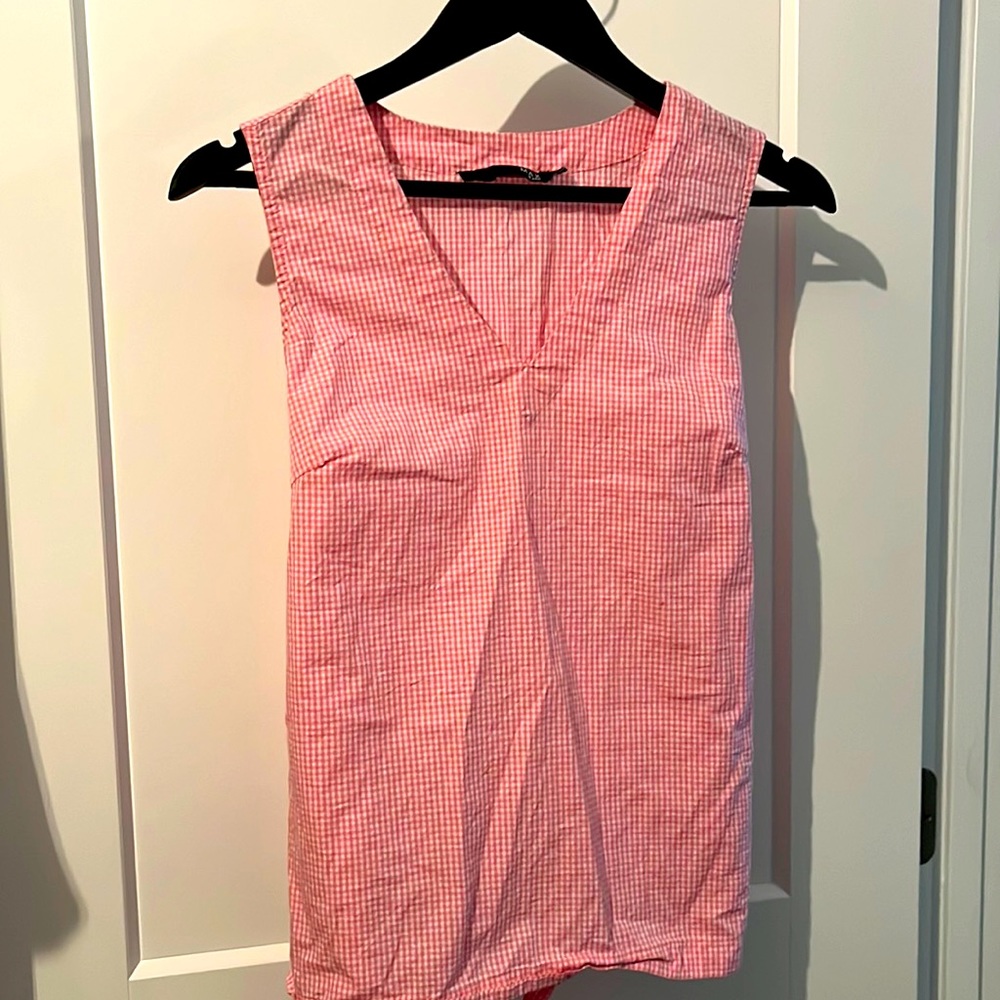Small, Max Jeans, pink gingham, tie behind, tank top.